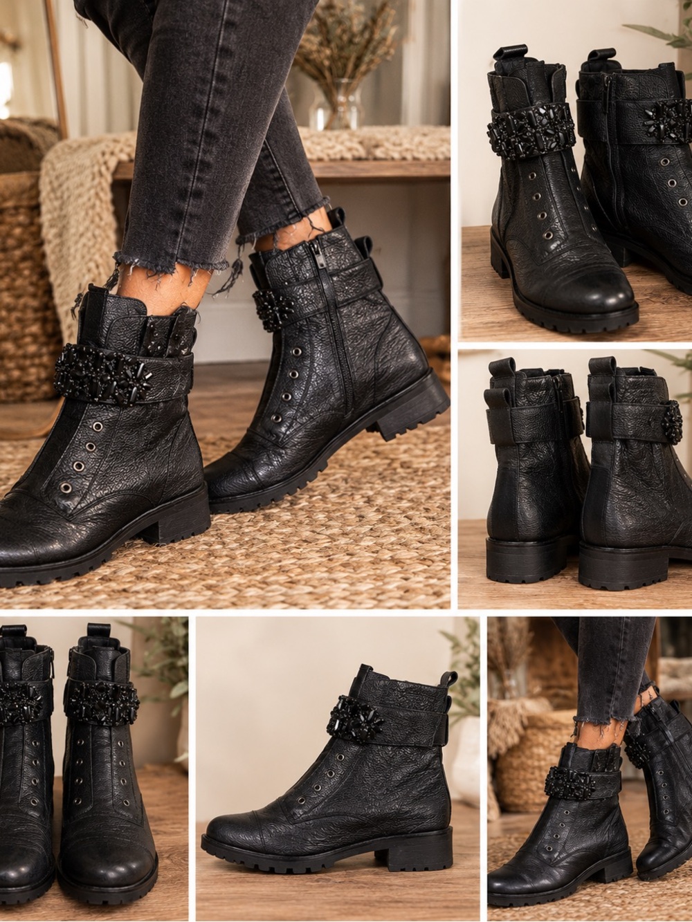 Karl Lagerfeld Black Beaded Strap Combat Boots